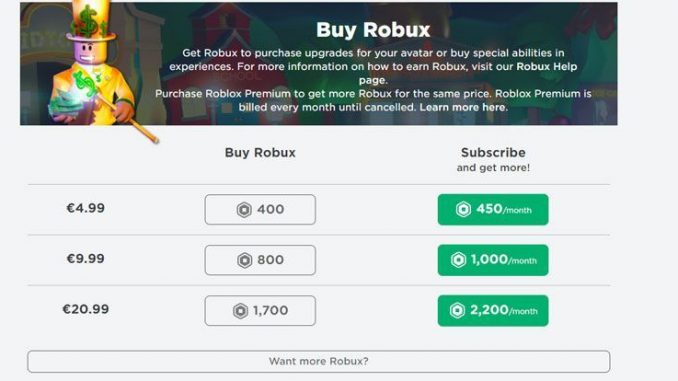 Robux er valutaen inne i spilluniverset Roblox. Disse kan kj&oslash;pes for ekte penger. Dette er naturlig nok fristende for barn, da de kan kj&oslash;pe ting inne i spillene for Robux. Foto Roblox Corporation